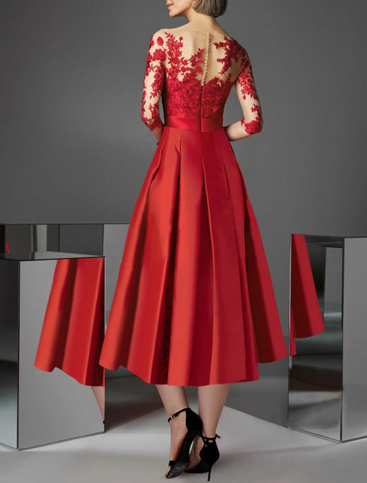 A-Line Cocktail Dresses Elegant Dress Kentucky Derby Tea Length 3/4 Length Sleeve Off Shoulder Fall Wedding Guest Satin with Pleats Appliques Derby Dresses