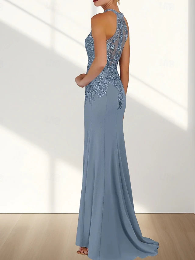 Slate Blue Halter Lace Mermaid Gown - Beaded Formal Evening Dress