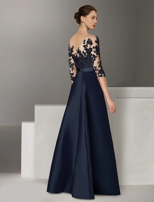 A-Line Evening Gown Elegant Dress Wedding Guest Sweep / Brush Train Long Sleeve Scoop Neck Stretch Satin with Appliques dress