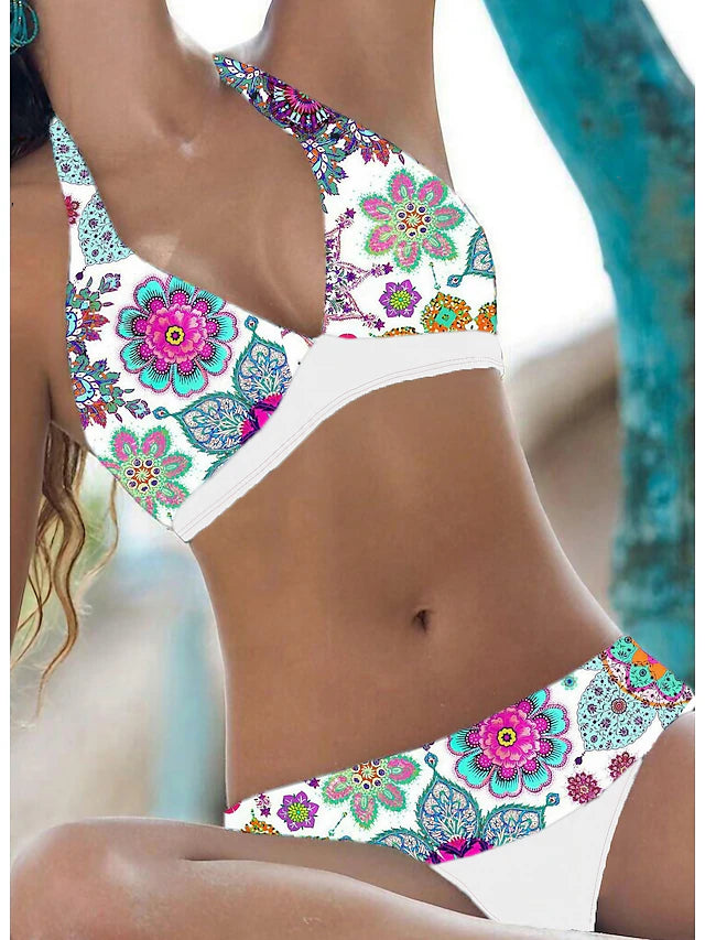 Women's Bikini 2 Piece Swimsuit Boho Cheeky Halter Open Back Sexy Tropical Sexy Floral V Wire Sleeveless Bathing Suits