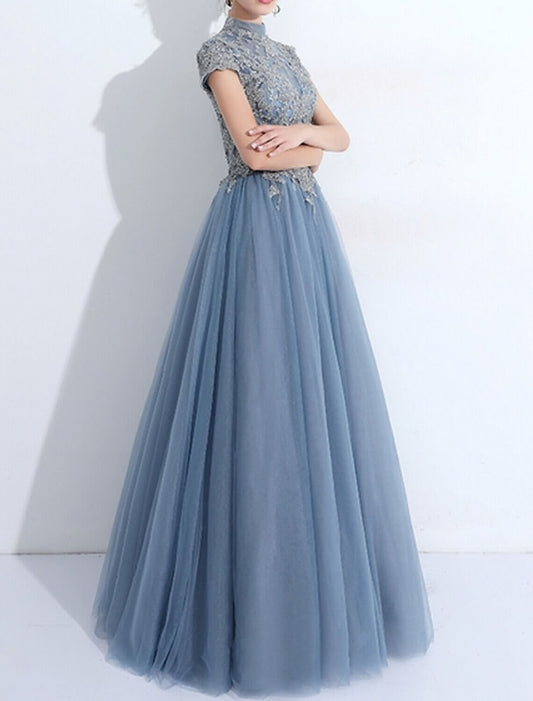 A-Line Evening Gown Elegant Dress Wedding Guest Quinceanera Floor Length Short Sleeve High Neck Tulle with Pleats Appliques dress