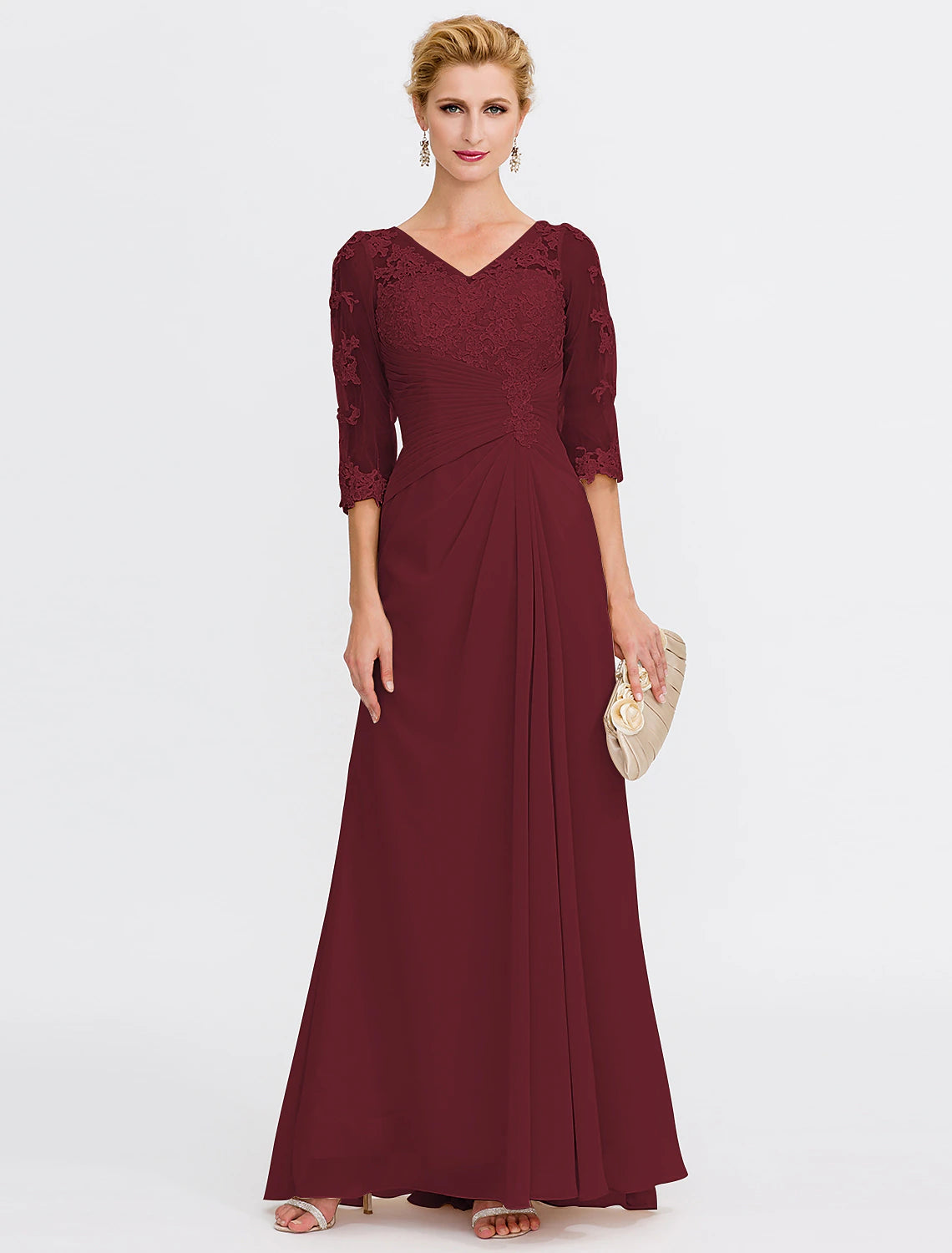 Beach Wedding A-Line Mother of the Bride Dress Wedding Guest Elegant Plus Size See Through V Neck Floor Length Chiffon Half Sleeve with Appliques