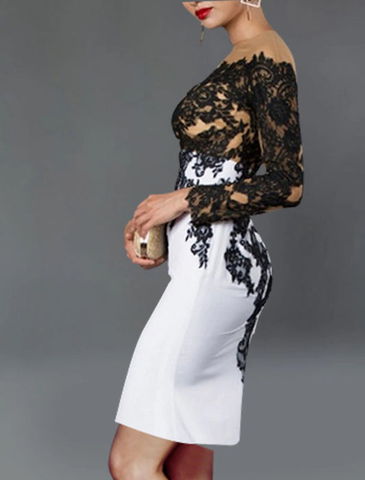 Sheath Cocktail Dresses Elegant Dress Kentucky Derby Tea Length Long Sleeve Off Shoulder Stretch Fabric with Appliques