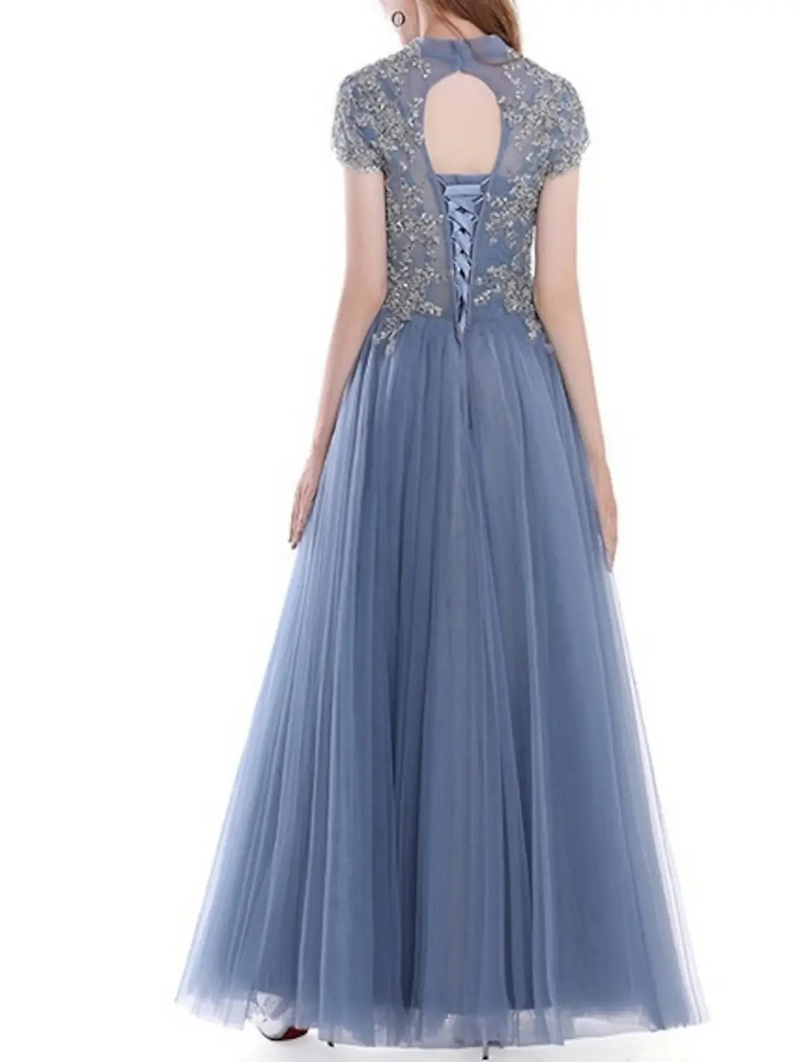 A-Line Evening Gown Elegant Dress Wedding Guest Quinceanera Floor Length Short Sleeve High Neck Tulle with Pleats Appliques dress