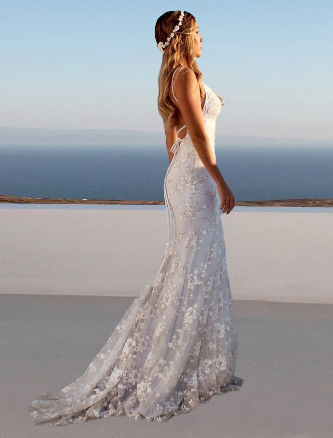 Beach Open Back Boho Wedding Dresses Mermaid / Trumpet Sweetheart Camisole Spaghetti Strap Sweep / Brush Train Lace Bridal Gowns With Appliques