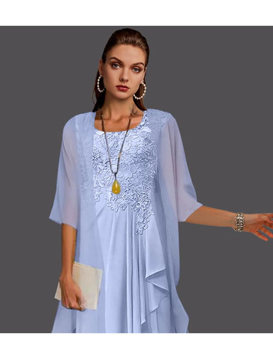 Beach Wedding Two Piece A-Line Mother of the Bride Dress Wedding Guest Elegant Scoop Neck Knee Length Chiffon Lace Sleeveless Jacket Dresses with Pleats Appliques
