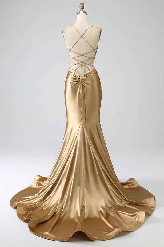 Golden Mermaid Spaghetti Straps Satin Long Prom Dress