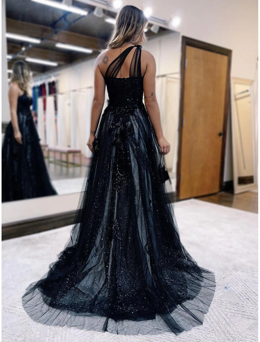 A-Line Black Prom Dresses Color Block Dress Formal Wedding Guest Sweep / Brush Train Sleeveless One Shoulder Tulle Backless with Pleats Appliques Masquerade Dress
