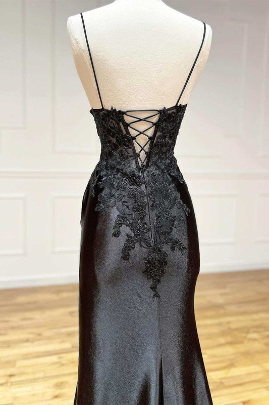 Black Long A-line V-neck Appliques Lace Satin Backless Prom Dress with Slit