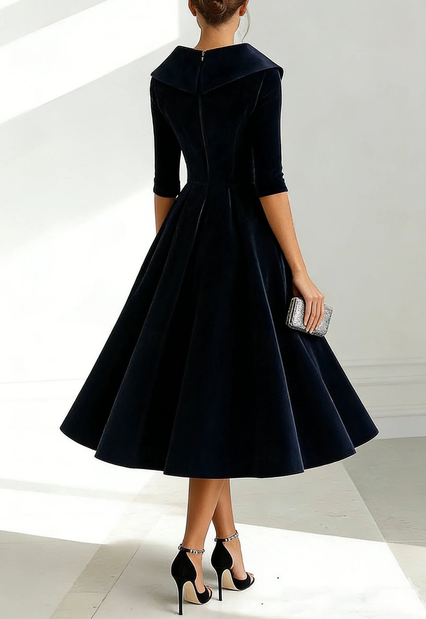 A-Line/Princess Shirt Collar Velvet Mother of the Bride Dresses Half Sleeves Tea-Length Ruffles