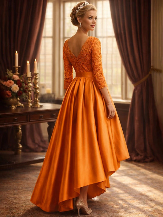 A-Line Asymmetrical Party Dress Cocktail Dress Wedding Guest Dress Mother of the Bride Dress 3/4 Length Sleeve Jewel Neck Elegant Plus Size High Low Wedding Guest Satin Lace with Sash / Ribbon