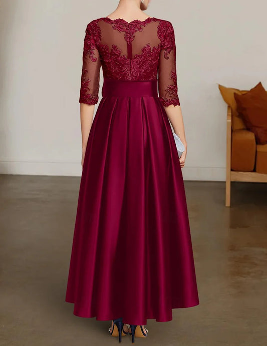 A-Line Chrismas Dress Mother of the Bride Dress Formal Wedding Guest Elegant High Low Bateau Neck Asymmetrical Satin Lace 3/4 Length Sleeve with Lace Sash / Ribbon