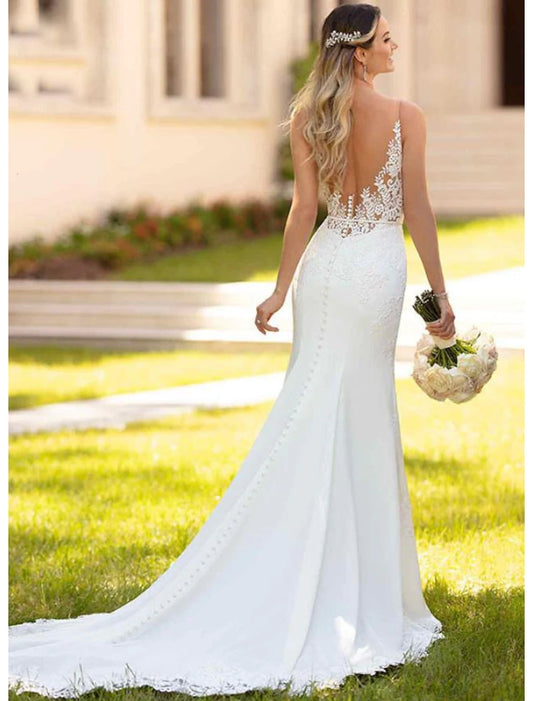 Beach Wedding Engagement Open Back Sexy Formal Wedding Dresses Mermaid V Neck Sleeveless Court Train Lace Bridal Gowns With Appliques