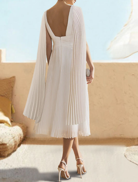 A-Line Cocktail Dresses Elegant Dress Semi Formal Tea Length Short Sleeve V Neck Fall Wedding Guest Chiffon with Shawl Derby Dresses