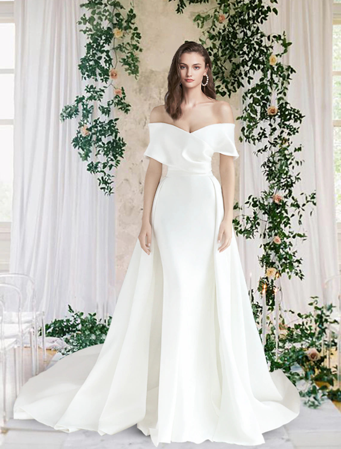 Hall Casual Wedding Dresses Sheath / Column Off Shoulder Cap Sleeve Chapel Train Satin Bridal Gowns With Ruched