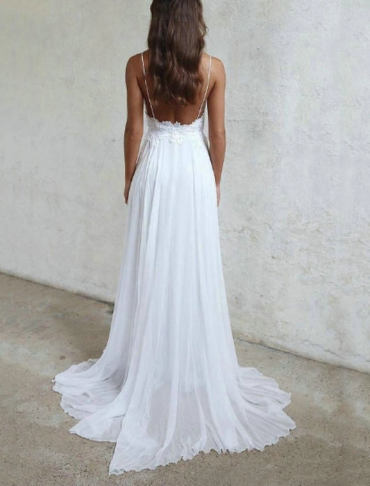 Beach Sexy Boho Simple Wedding Dress Beach Wedding A-Line Sweetheart Camisole Spaghetti Strap Sweep / Brush Train Chiffon Bridal Gowns With Pleats Appliques dress