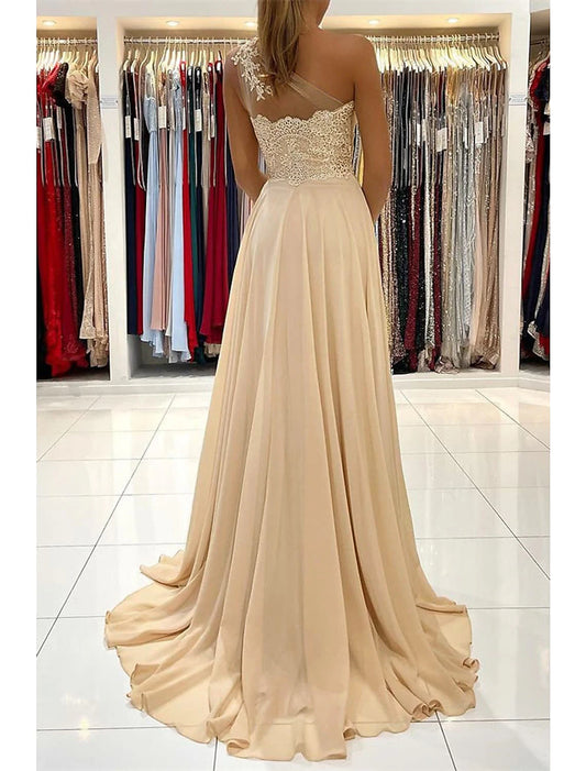 A-Line Gold Prom Dresses Sexy Dress Formal Wedding Guest Court Train Sleeveless One Shoulder Chiffon with Slit Appliques Masquerade Dress