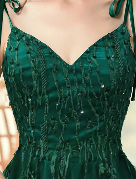 A-Line Party Dress Elegant Engagement Formal Evening Birthday Dress Spaghetti Strap Sleeveless Sweep / Brush Train with Beading Embroidery Masquerade Dress