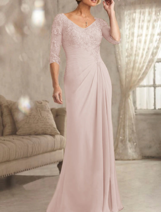 Sheath Mother of the Bride Dress Wedding Guest Plus Size Sexy See Through V Neck Floor Length Chiffon Lace Half Sleeve with Lace dress