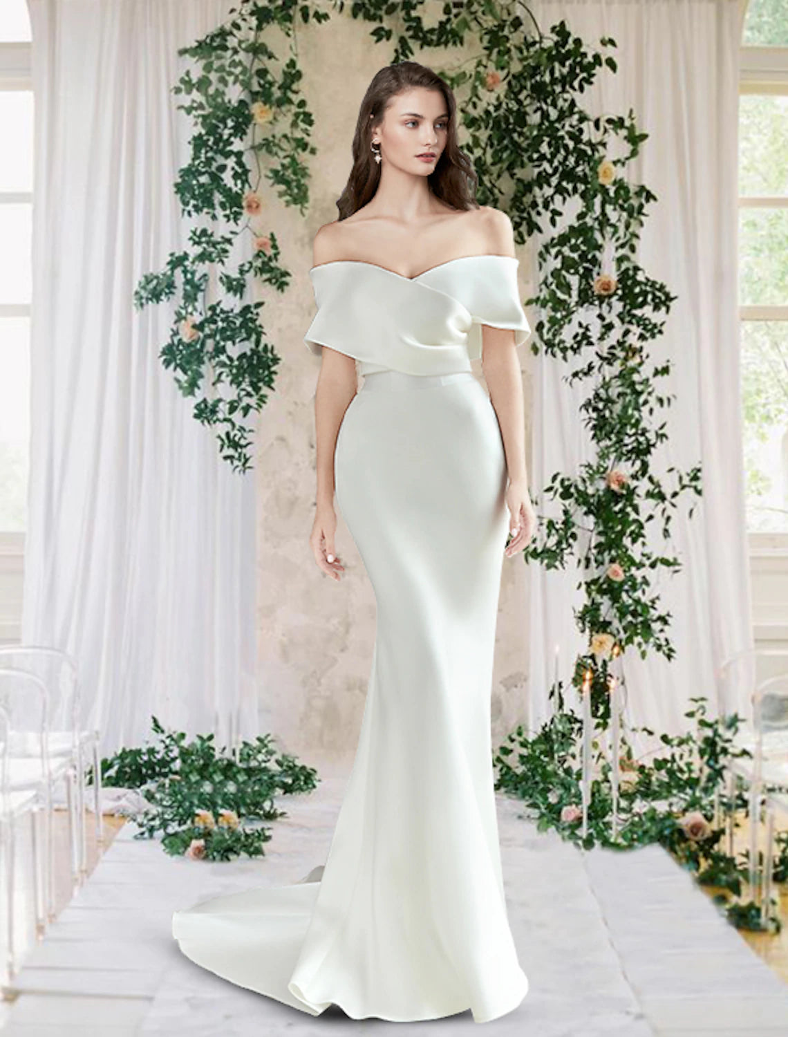 Hall Casual Wedding Dresses Sheath / Column Off Shoulder Cap Sleeve Chapel Train Satin Bridal Gowns With Ruched