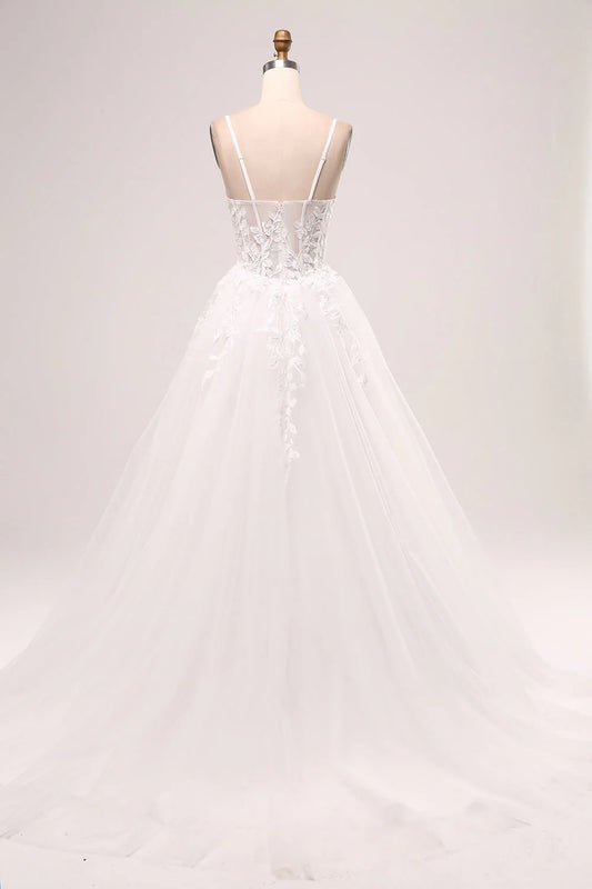 Ivory A-Line Spaghetti Straps Corset Lace Tulle Long Wedding Dress
