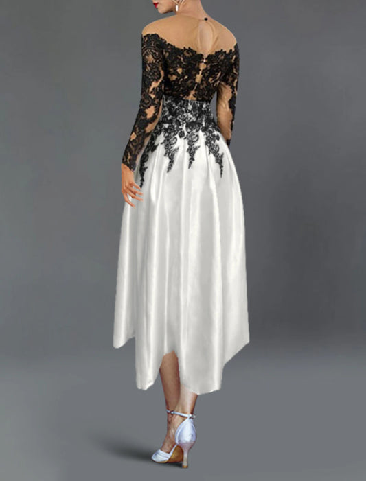 A-Line Cocktail Dresses Elegant Dress Formal Wedding Guest Tea Length 3/4 Length Sleeve Off Shoulder Pocket Satin with Embroidery Pocket Derby Dresses