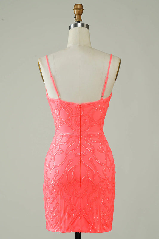 Spaghetti Straps Peach Glitter Tight Homecoming Dress
