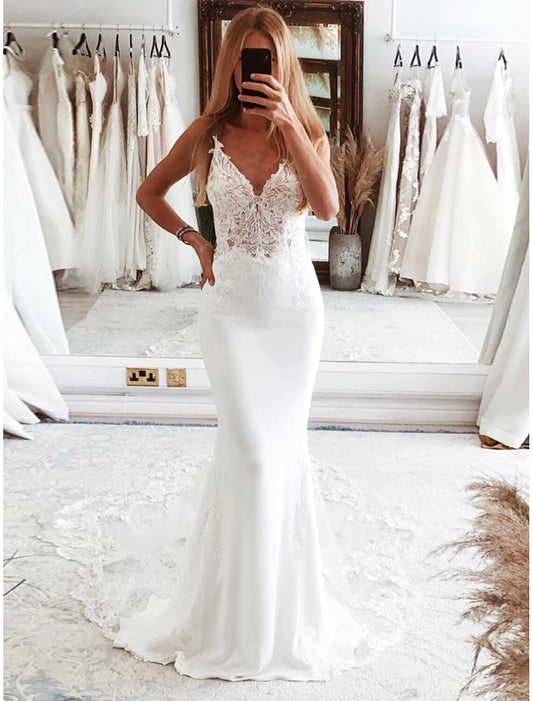 Reception Formal Wedding Dresses Mermaid / Trumpet Camisole Sleeveless Court Train Tulle Bridal Suits Bridal Gowns With Appliques