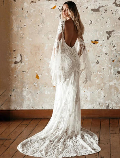 Beach Open Back Boho Wedding Dresses Mermaid / Trumpet V Neck Long Sleeve Sweep / Brush Train Lace Bridal Gowns With Pattern