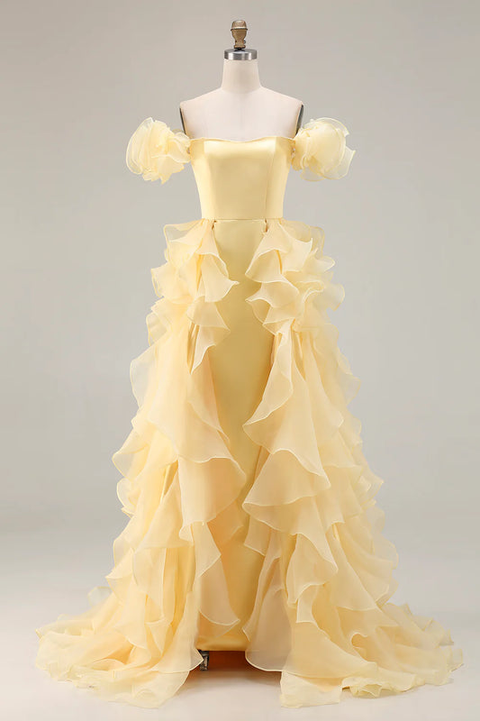 Yellow Satin Long Off the Shoulder Prom Dress with Ruffles