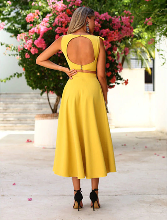 Beach Wedding Two Piece Cocktail Dresses Elegant Dress Graduation Engagement Ankle Length Sleeveless Jewel Neck Fall Wedding Guest Satin with Ruffles Pure Color