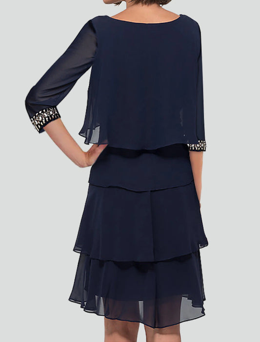 Sheath Cocktail Dresses Elegant Dress Semi Formal Knee Length Half Sleeve Jewel Neck Fall Wedding Guest Chiffon with Rhinestone Ruffles