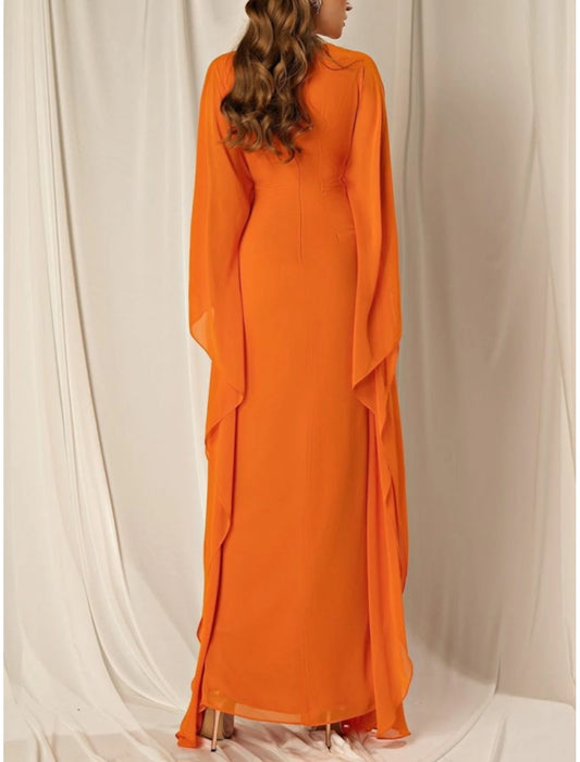 Sheath / Column Summer Wedding Guest Elegant Dress Formal Fall Ankle Length Long Sleeve V Neck Chiffon with Ruched Ruffles dress
