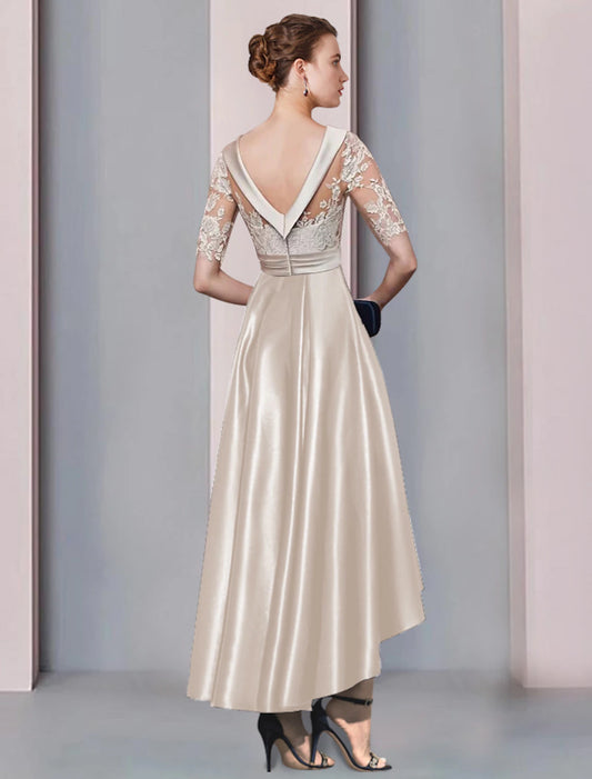 A-Line Mother of the Bride Dress Wedding Guest Elegant High Low Scoop Neck Asymmetrical Tea Length Satin Lace Half Sleeve with Appliques Derby Dress
