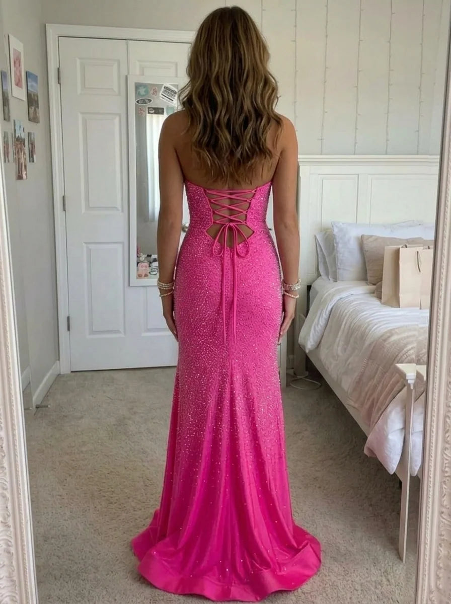 Trumpet/Mermaid Strapless Beaded Prom Dresses With Split Side Floor-Length Sleeveless Formal Dresses