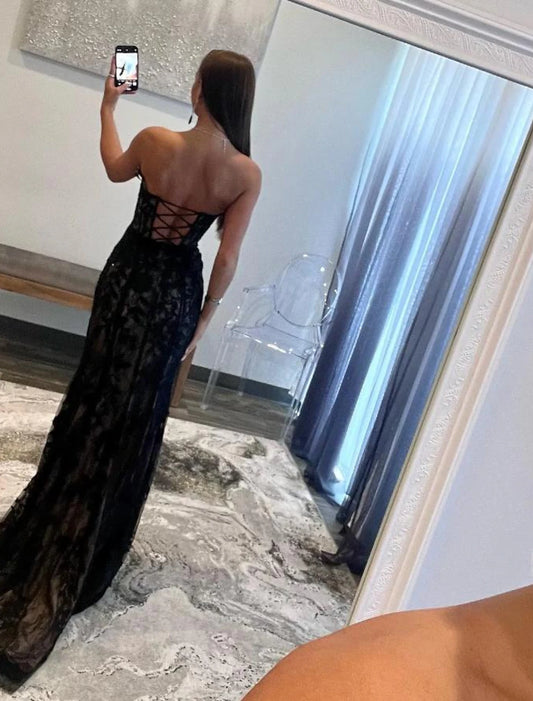 A-Line Mermaid / Trumpet Evening Gown Open Back Dress Graduation Prom Sweep / Brush Train Sleeveless Sweetheart Lace Backless with Glitter Slit Appliques