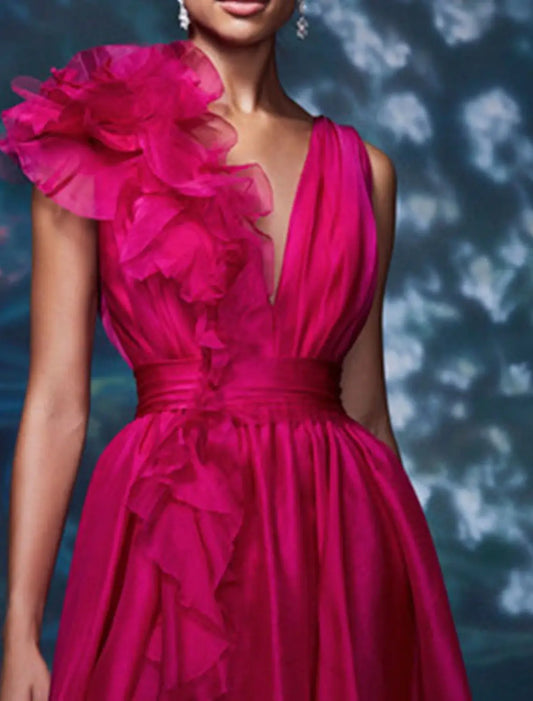 Beach Wedding A-Line Chrismas Dress Evening Gown Celebrity Style Dress Red Green Dress Formal Wedding Guest Floor Length Sleeveless V Neck Chiffon with Slit Pure Color dress Masquerade Dress