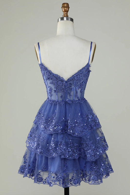 A Line Spaghetti Straps Dark Blue Sparkly Corset Homecoming Dress