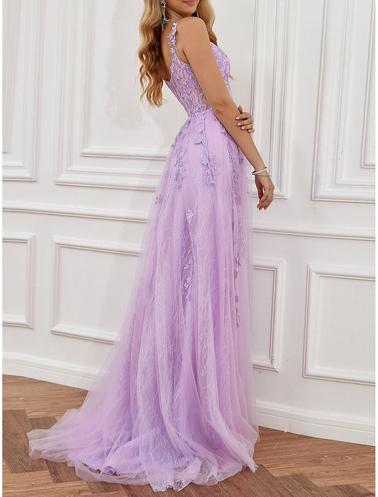 A-Line Prom Dresses See Through Dress Formal Wedding Guest Sweep / Brush Train Sleeveless Sweetheart Tulle Backless with Beading Slit Appliques