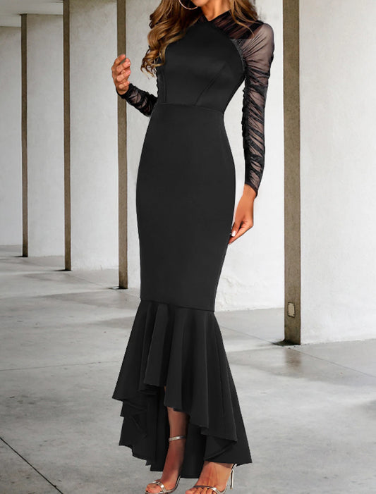 Mermaid Prom Dresses Elegant Dress Formal Wedding Guest Asymmetrical Long Sleeve V Neck Stretch Fabric with Ruched Ruffles Masquerade Dress Derby Dresses