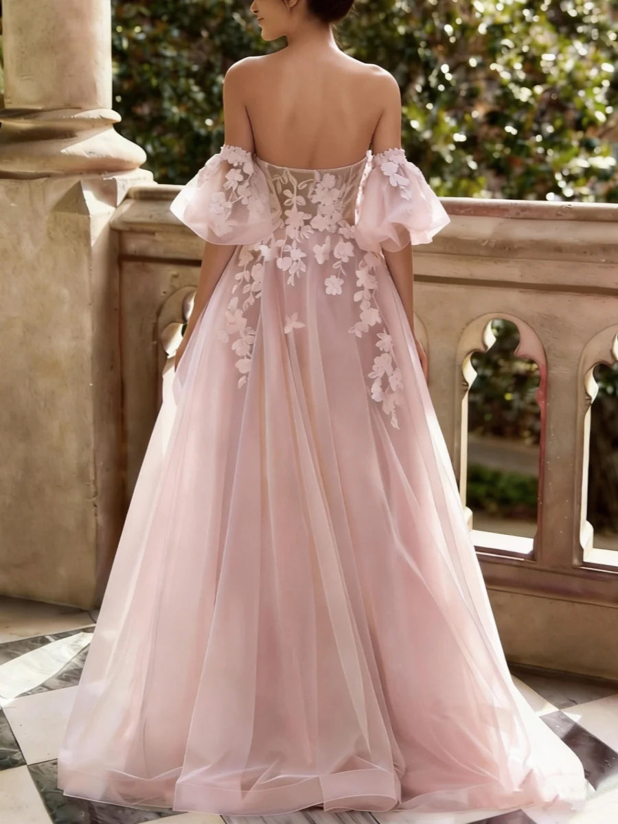 A-Line/Princess Tulle Sweetheart Prom Dresses Floor-Length Lace Convertible Short Sleeves Formal Dresses