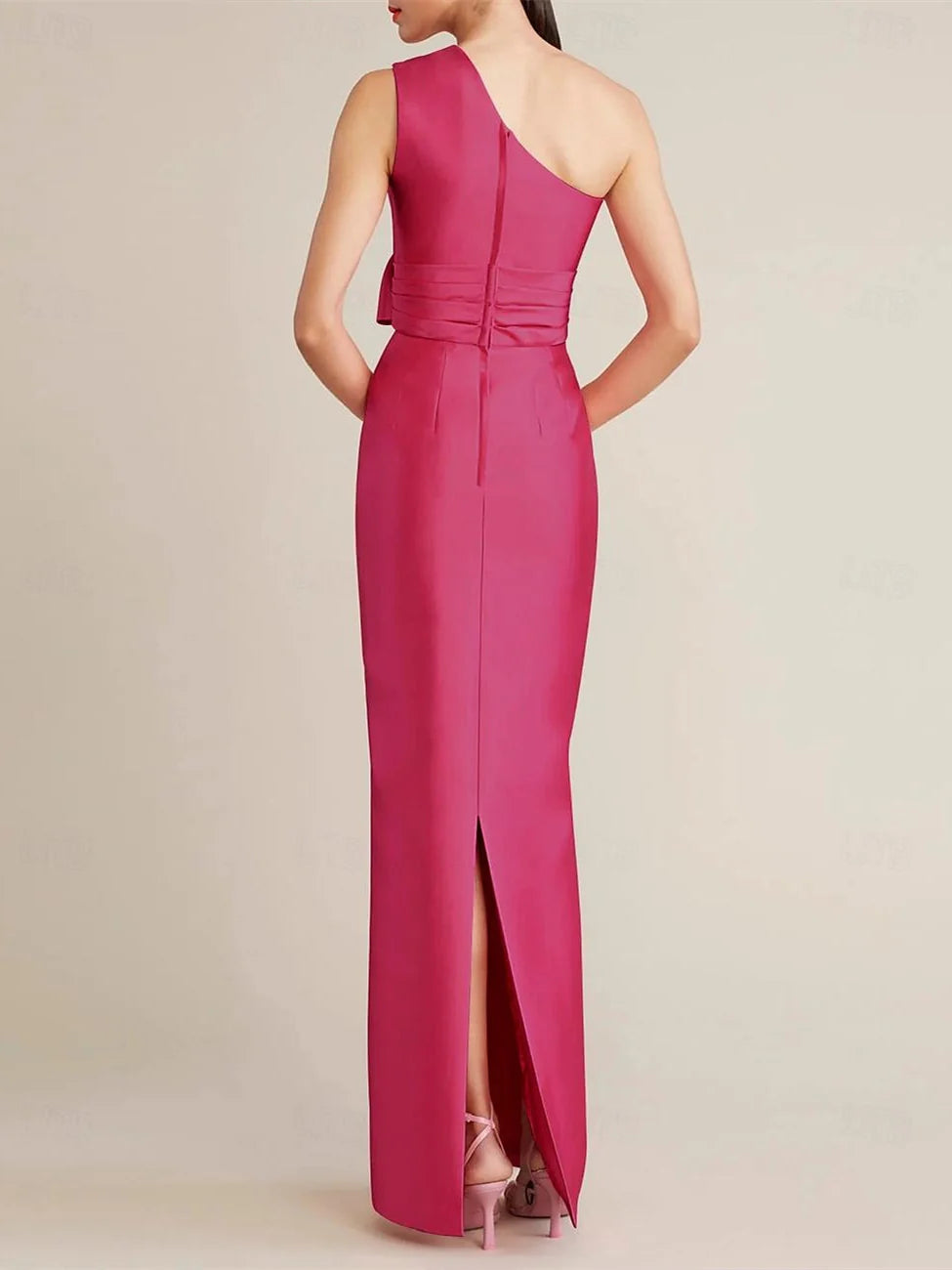 Sheath/Column Floor Length Sleeveless One Shoulder Wedding Guest Dresses Satin with Bow(s) Pocket