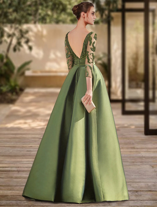 A-Line Evening Gown Open Back Dress Formal Wedding Guest Floor Length 3/4 Length Sleeve Scoop Neck Lace with Slit Strappy dress
