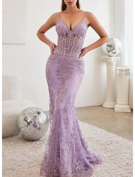 Mermaid Sequin Prom Dresses Celebrity Style Dress Graduation Prom Court Train Sleeveless V Neck Lace with Glitter Crystals Masquerade Dress