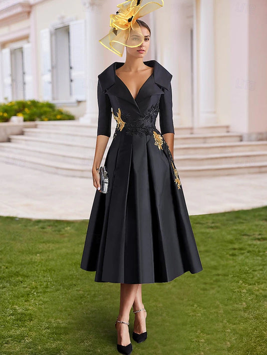 Embroidered A-Line Cocktail Dresses Tuxedo Dress Mother of Bride Elegant Formal Ankle Length 3/4 Length Sleeve Shirt Collar Pocket Satin with Appliques