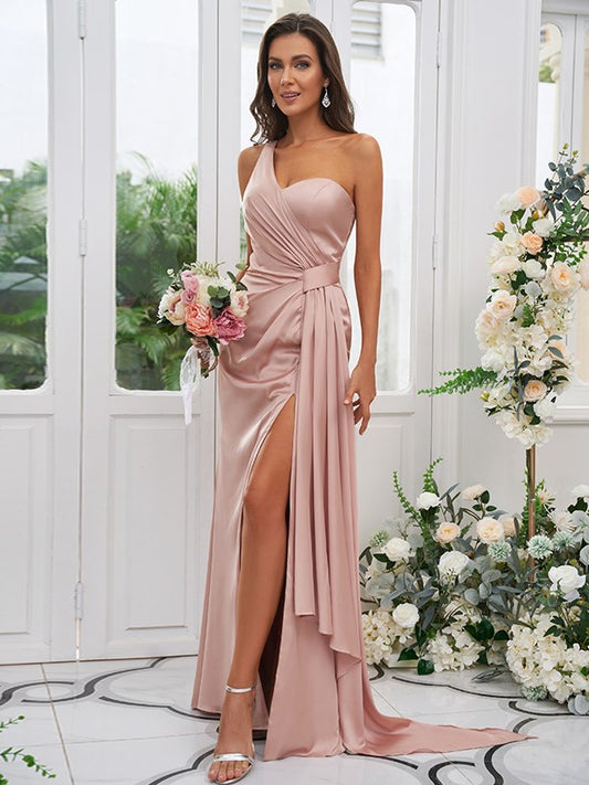 Sheath/Column Ruched One-Shoulder Sleeveless Floor-Length Bridesmaid Dresses