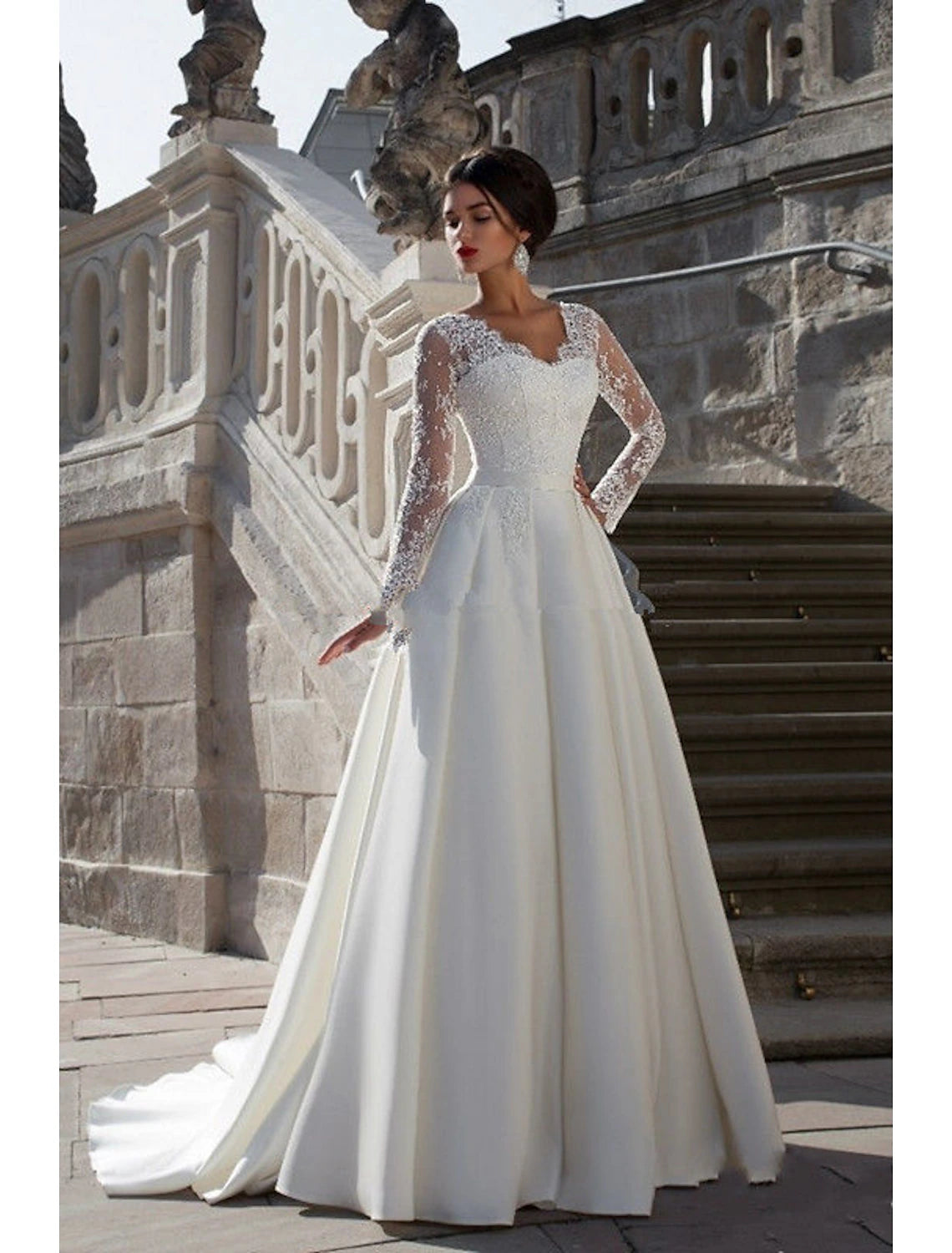 Engagement Formal Wedding Dresses A-Line V Neck Long Sleeve Court Trai