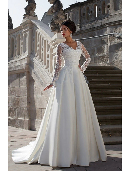 Engagement Formal Wedding Dresses A-Line V Neck Long Sleeve Court Train Satin Bridal Gowns With Appliques