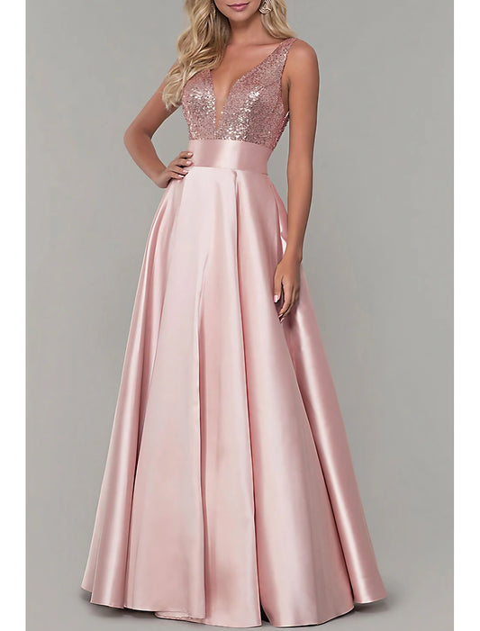 A-Line Prom Dresses Sparkle Dress Prom Formal Evening Floor Length Sleeveless V Neck Bridesmaid Dress Satin with Pleats Sequin dress