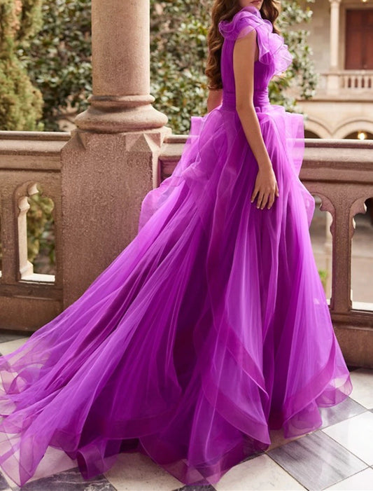 A-Line Evening Gown Floral Dress Formal Prom Court Train Sleeveless V Neck Chiffon with Ruffles dress